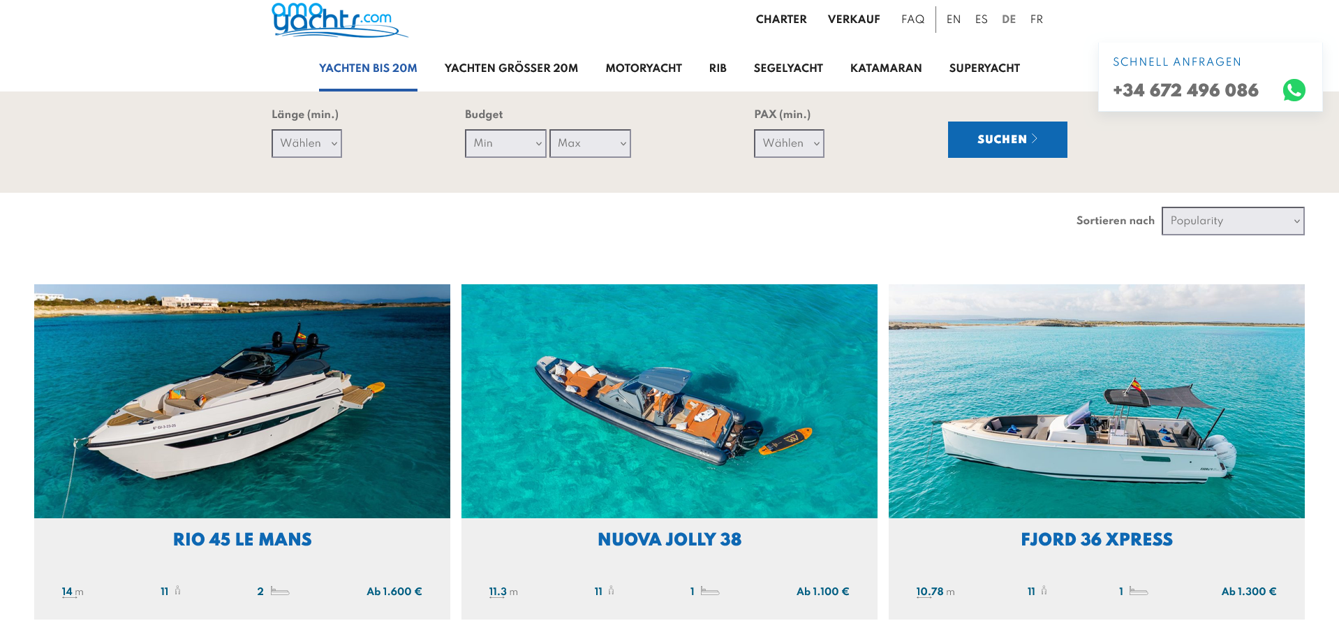 AMOYACHTS Yachtübersicht und Filter auf Desktop